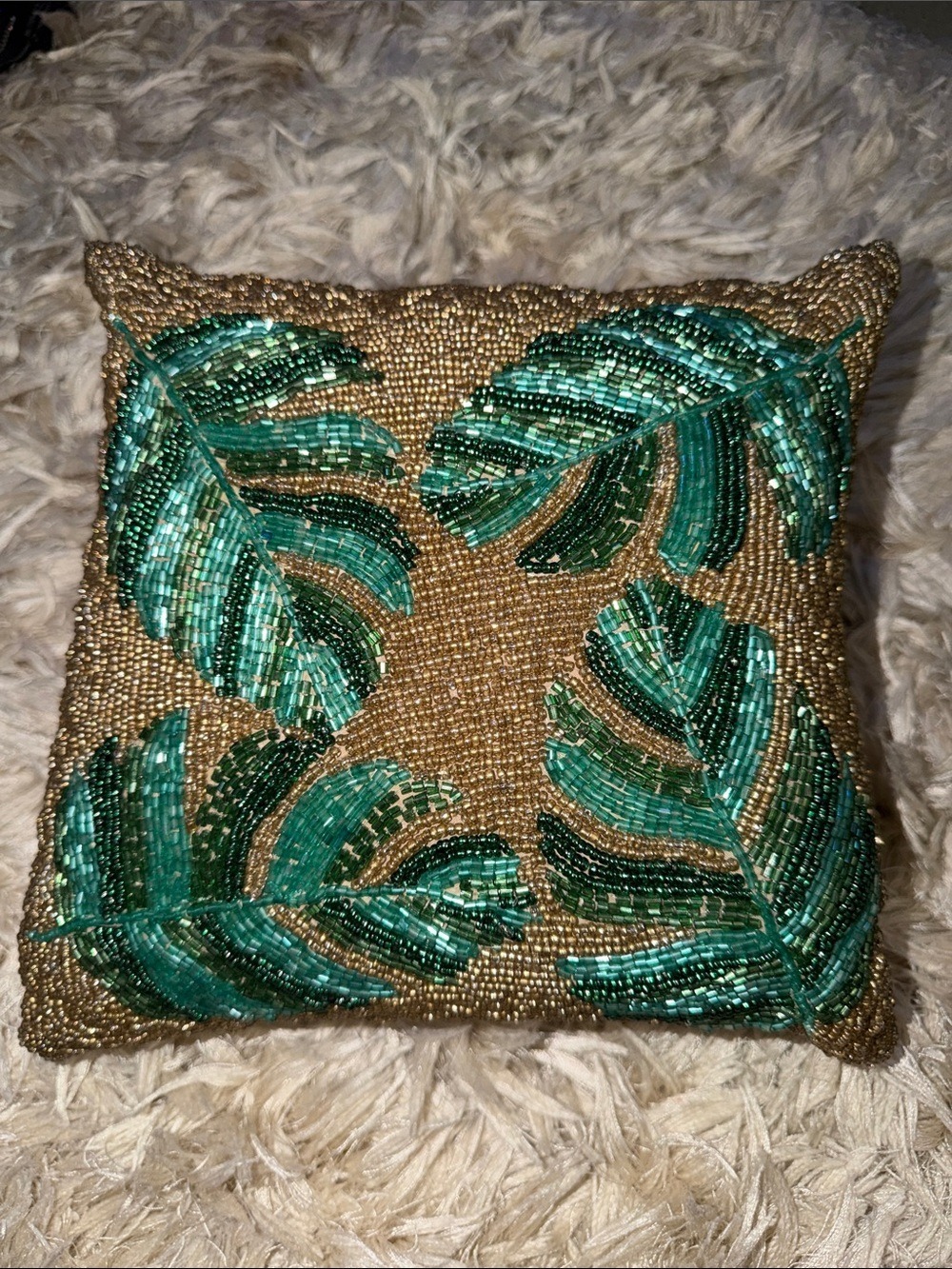 Beaded Green Leaf Decorative Pillow - Gold Background